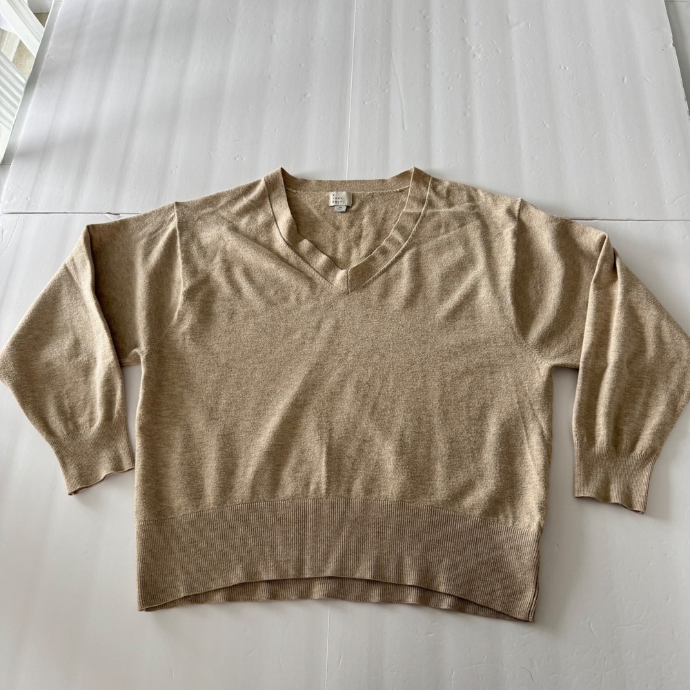 A New Day Womens V-Neck Sweater Tan Heather Knit Relaxed Fit Size M 018135532